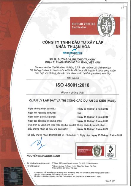 Công Ty Nhân Thuận Hòa được tổ chức Bureau Veritas cấp Chứng chỉ ISO 45001:2018 là phiên bản nâng cấp của OHSAS về hệ thống quản lý an toàn và sức khỏe nghề nghiệp